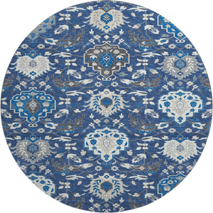 HomeRoots 8' Navy Blue, Ivory & Charcoal Damask Round Rug – Washable, Stain Resistant, UV Protected Luxury Decor 680562