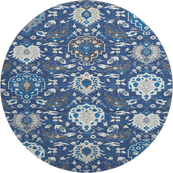 HomeRoots 8' Navy Blue, Ivory & Charcoal Damask Round Rug – Washable, Stain Resistant, UV Protected Luxury Decor 680562