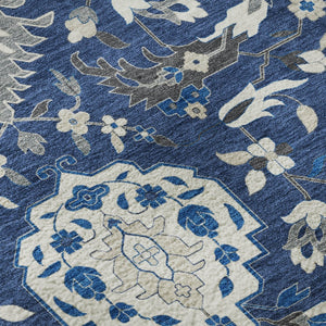 HomeRoots 8' Navy Blue, Ivory & Charcoal Damask Round Rug – Washable, Stain Resistant, UV Protected Luxury Decor 680562