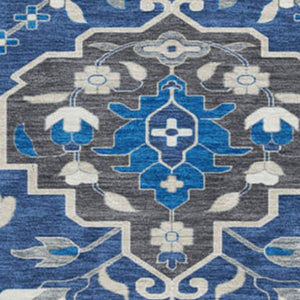 HomeRoots 8' Navy Blue, Ivory & Charcoal Damask Round Rug – Washable, Stain Resistant, UV Protected Luxury Decor 680562