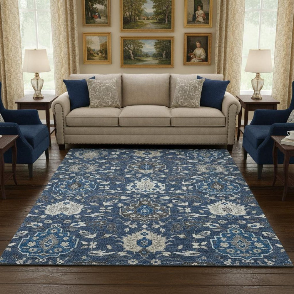 HomeRoots 8' X 10' Elegant Navy Blue Ivory Charcoal Damask Area Rug - Washable, Durable, UV Protected Design 680563