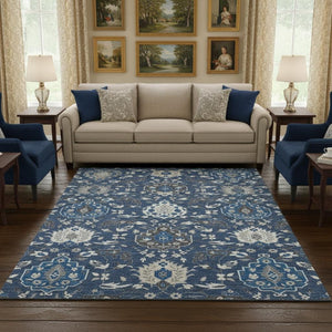 HomeRoots 8' X 10' Elegant Navy Blue Ivory Charcoal Damask Area Rug - Washable, Durable, UV Protected Design 680563