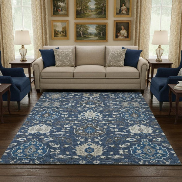 HomeRoots 8' X 10' Elegant Navy Blue Ivory Charcoal Damask Area Rug - Washable, Durable, UV Protected Design 680563
