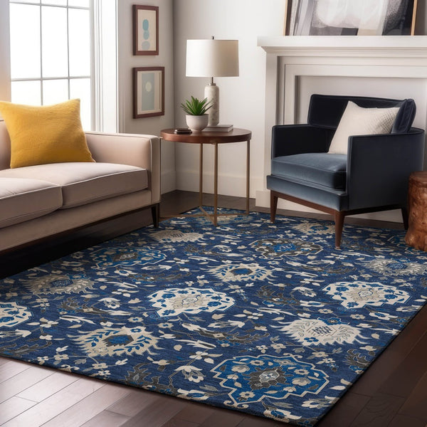 HomeRoots 8' X 10' Elegant Navy Blue Ivory Charcoal Damask Area Rug - Washable, Durable, UV Protected Design 680563