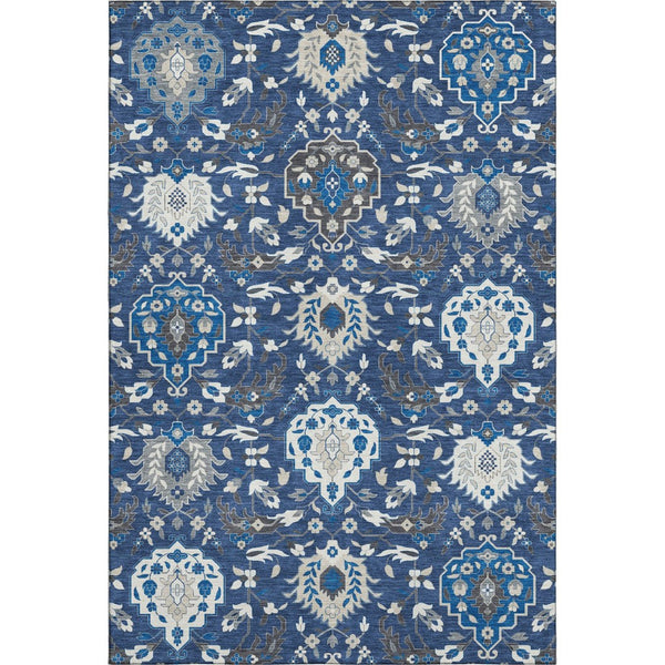 HomeRoots 8' X 10' Elegant Navy Blue Ivory Charcoal Damask Area Rug - Washable, Durable, UV Protected Design 680563