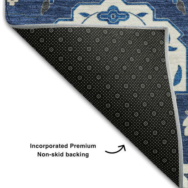 HomeRoots 8' X 10' Elegant Navy Blue Ivory Charcoal Damask Area Rug - Washable, Durable, UV Protected Design 680563