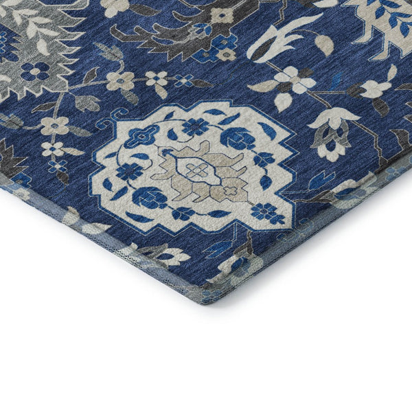 HomeRoots 8' X 10' Elegant Navy Blue Ivory Charcoal Damask Area Rug - Washable, Durable, UV Protected Design 680563