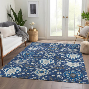 HomeRoots 8' X 10' Elegant Navy Blue Ivory Charcoal Damask Area Rug - Washable, Durable, UV Protected Design 680563