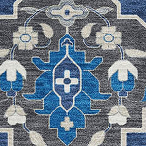 HomeRoots 8' X 10' Elegant Navy Blue Ivory Charcoal Damask Area Rug - Washable, Durable, UV Protected Design 680563