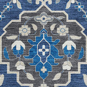 HomeRoots 8' X 10' Elegant Navy Blue Ivory Charcoal Damask Area Rug - Washable, Durable, UV Protected Design 680563