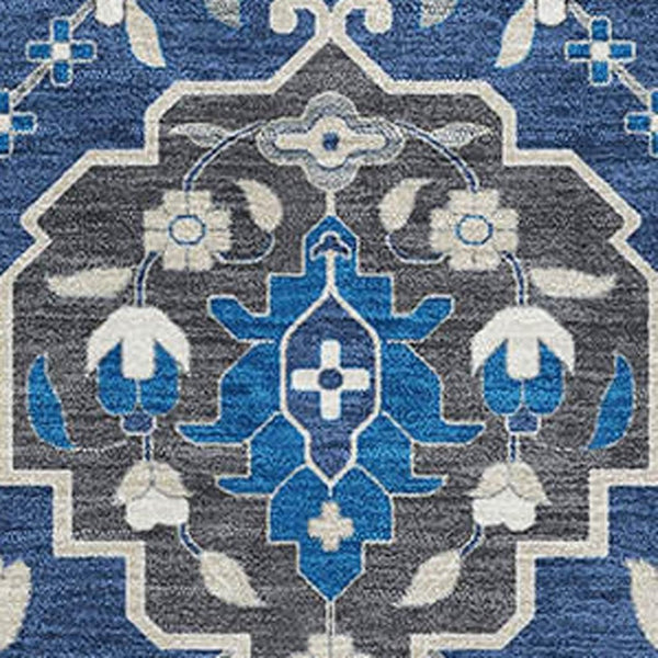 HomeRoots 8' X 10' Elegant Navy Blue Ivory Charcoal Damask Area Rug - Washable, Durable, UV Protected Design 680563