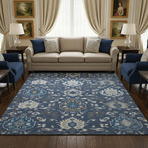 HomeRoots 9' X 12' Elegant Navy Blue Ivory Charcoal Damask Area Rug - Washable, UV Protected, Stain Resistant 680564