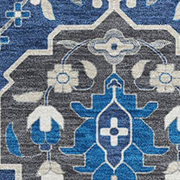 HomeRoots 9' X 12' Elegant Navy Blue Ivory Charcoal Damask Area Rug - Washable, UV Protected, Stain Resistant 680564