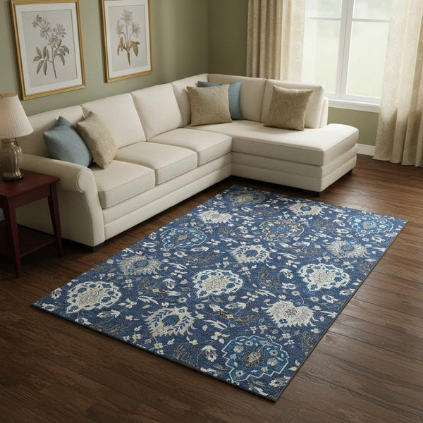 HomeRoots 10' Stylish Navy Blue, Ivory & Charcoal Damask Area Rug - Washable, Stain-Resistant, UV Protected! 680565