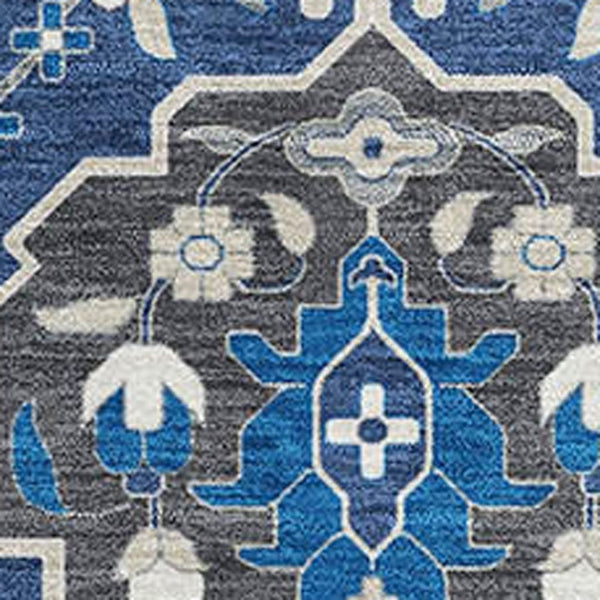 HomeRoots 10' Stylish Navy Blue, Ivory & Charcoal Damask Area Rug - Washable, Stain-Resistant, UV Protected! 680565