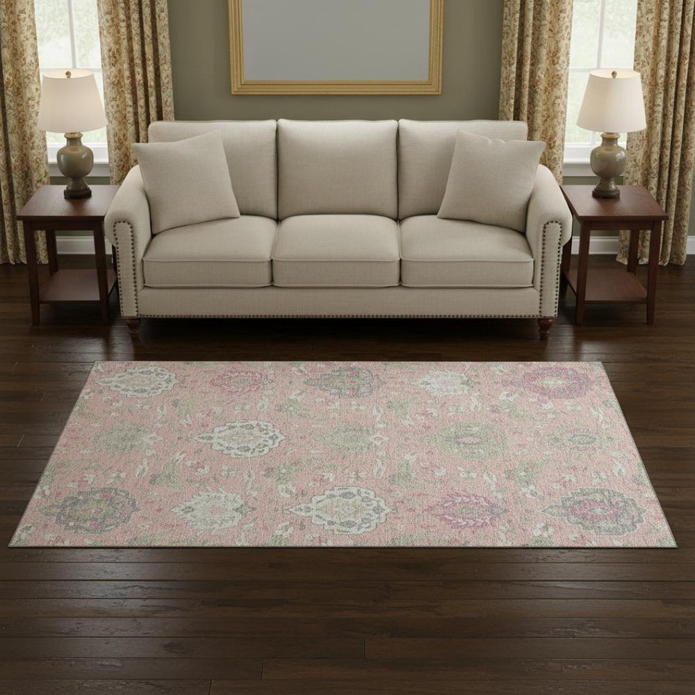 HomeRoots 5' X 8' Washable Damask Area Rug in Pink, Gray & Ivory - UV Protected, Durable & Stylish for Homes 680567