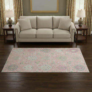 HomeRoots 5' X 8' Washable Damask Area Rug in Pink, Gray & Ivory - UV Protected, Durable & Stylish for Homes 680567