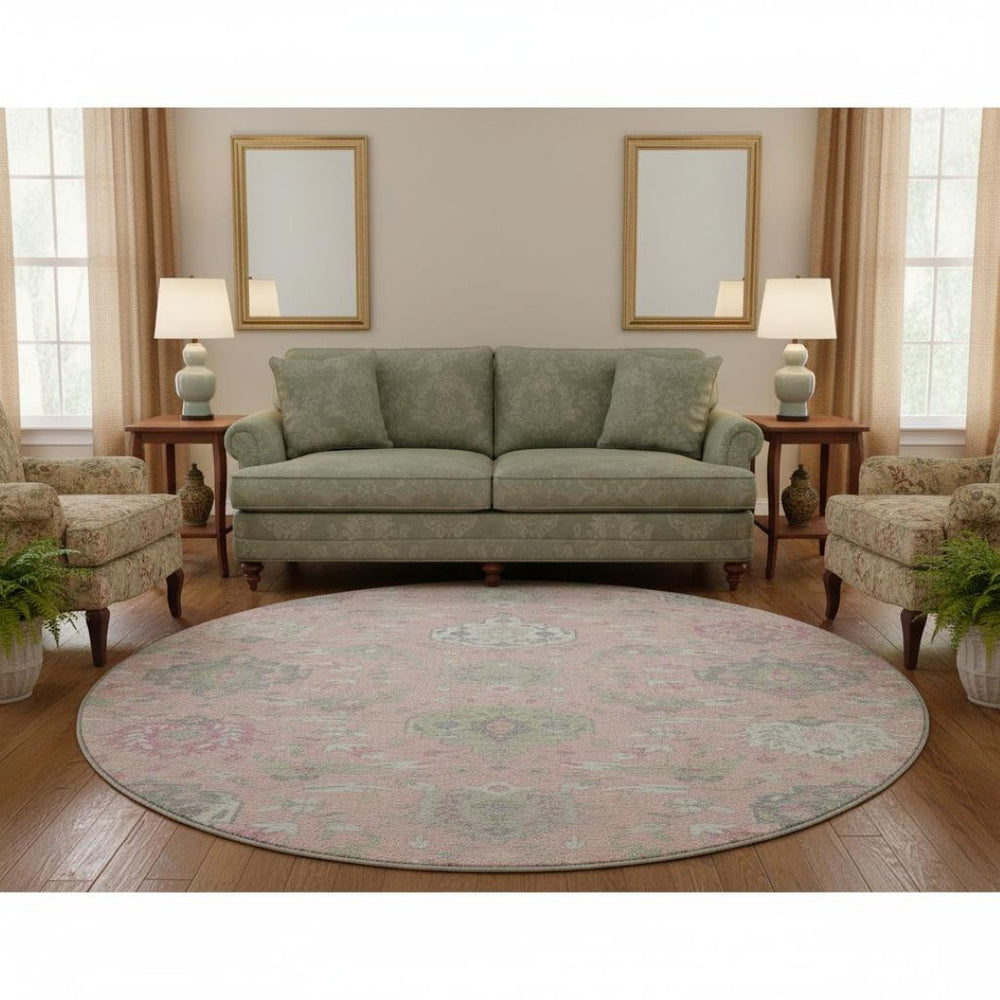 HomeRoots 8' Elegant Pink Gray Ivory Damask Round Rug – Washable, UV-Protected & Perfect for Busy Homes 680568