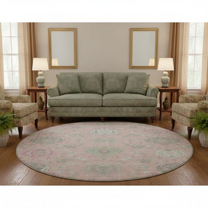 HomeRoots 8' Elegant Pink Gray Ivory Damask Round Rug – Washable, UV-Protected & Perfect for Busy Homes 680568