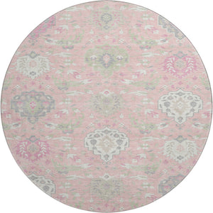 HomeRoots 8' Elegant Pink Gray Ivory Damask Round Rug – Washable, UV-Protected & Perfect for Busy Homes 680568