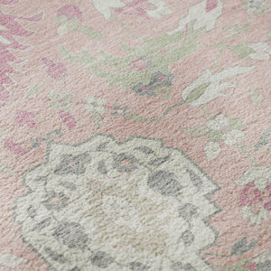 HomeRoots 8' Elegant Pink Gray Ivory Damask Round Rug – Washable, UV-Protected & Perfect for Busy Homes 680568