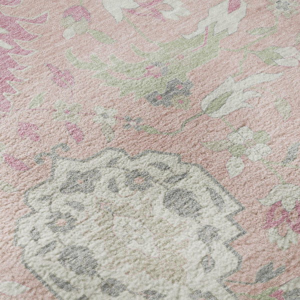 HomeRoots 8' Elegant Pink Gray Ivory Damask Round Rug – Washable, UV-Protected & Perfect for Busy Homes 680568