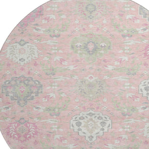 HomeRoots 8' Elegant Pink Gray Ivory Damask Round Rug – Washable, UV-Protected & Perfect for Busy Homes 680568