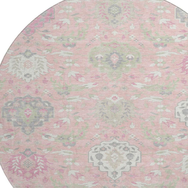HomeRoots 8' Elegant Pink Gray Ivory Damask Round Rug – Washable, UV-Protected & Perfect for Busy Homes 680568