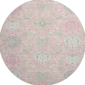 HomeRoots 8' Elegant Pink Gray Ivory Damask Round Rug – Washable, UV-Protected & Perfect for Busy Homes 680568