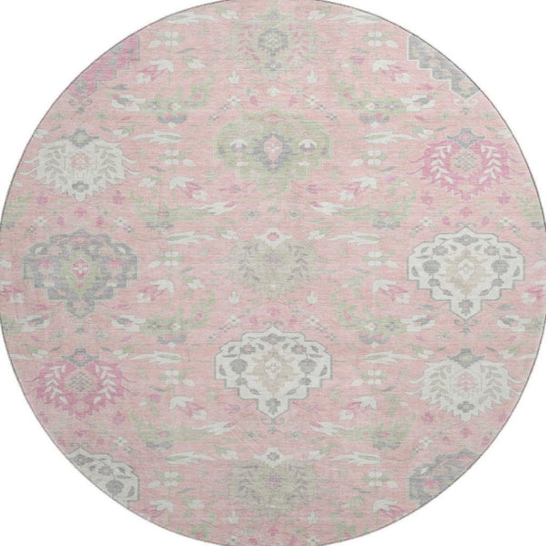 HomeRoots 8' Elegant Pink Gray Ivory Damask Round Rug – Washable, UV-Protected & Perfect for Busy Homes 680568