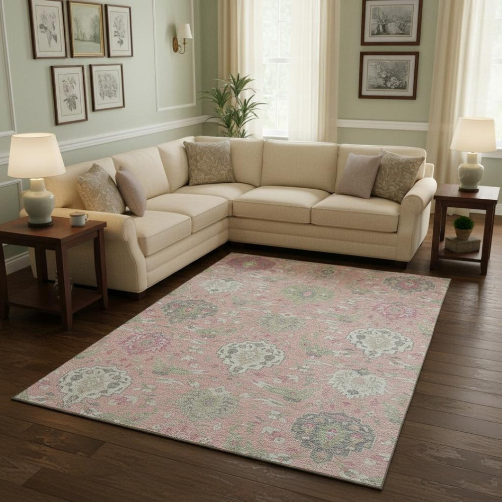 HomeRoots 8' X 10' Elegant Pink Gray Ivory Damask Washable Area Rug - Stain & UV Resistant, Perfect for Homes 680569
