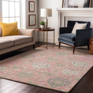HomeRoots 8' X 10' Elegant Pink Gray Ivory Damask Washable Area Rug - Stain & UV Resistant, Perfect for Homes 680569