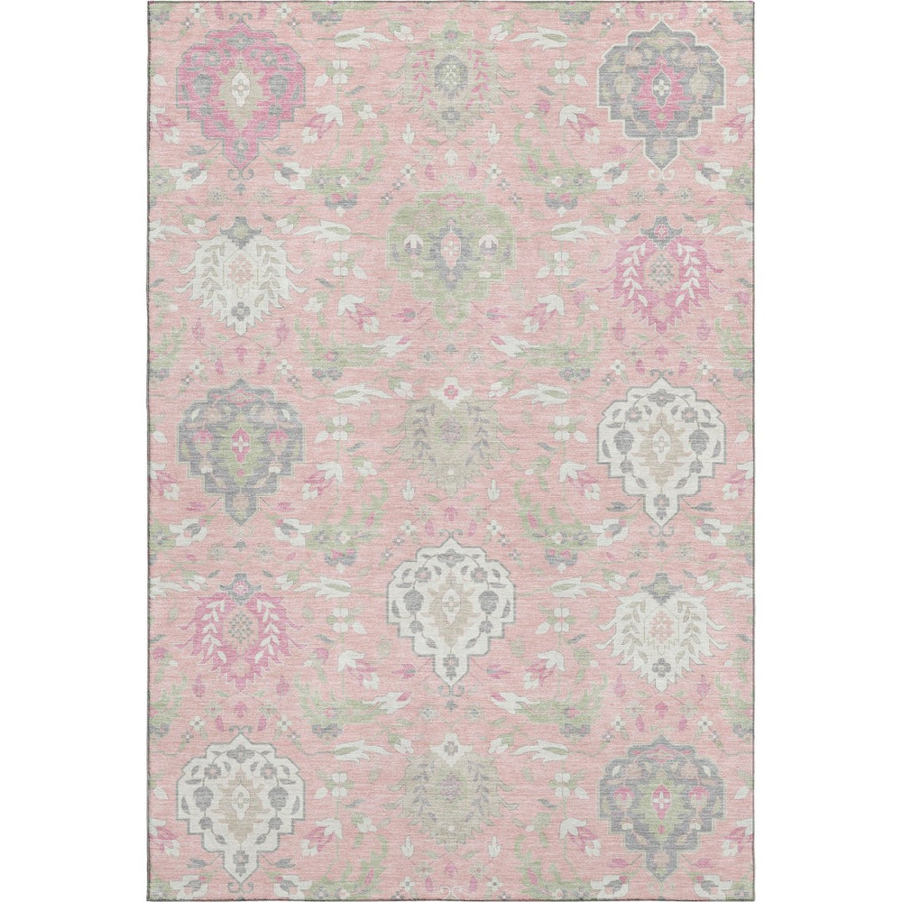 HomeRoots 8' X 10' Elegant Pink Gray Ivory Damask Washable Area Rug - Stain & UV Resistant, Perfect for Homes 680569