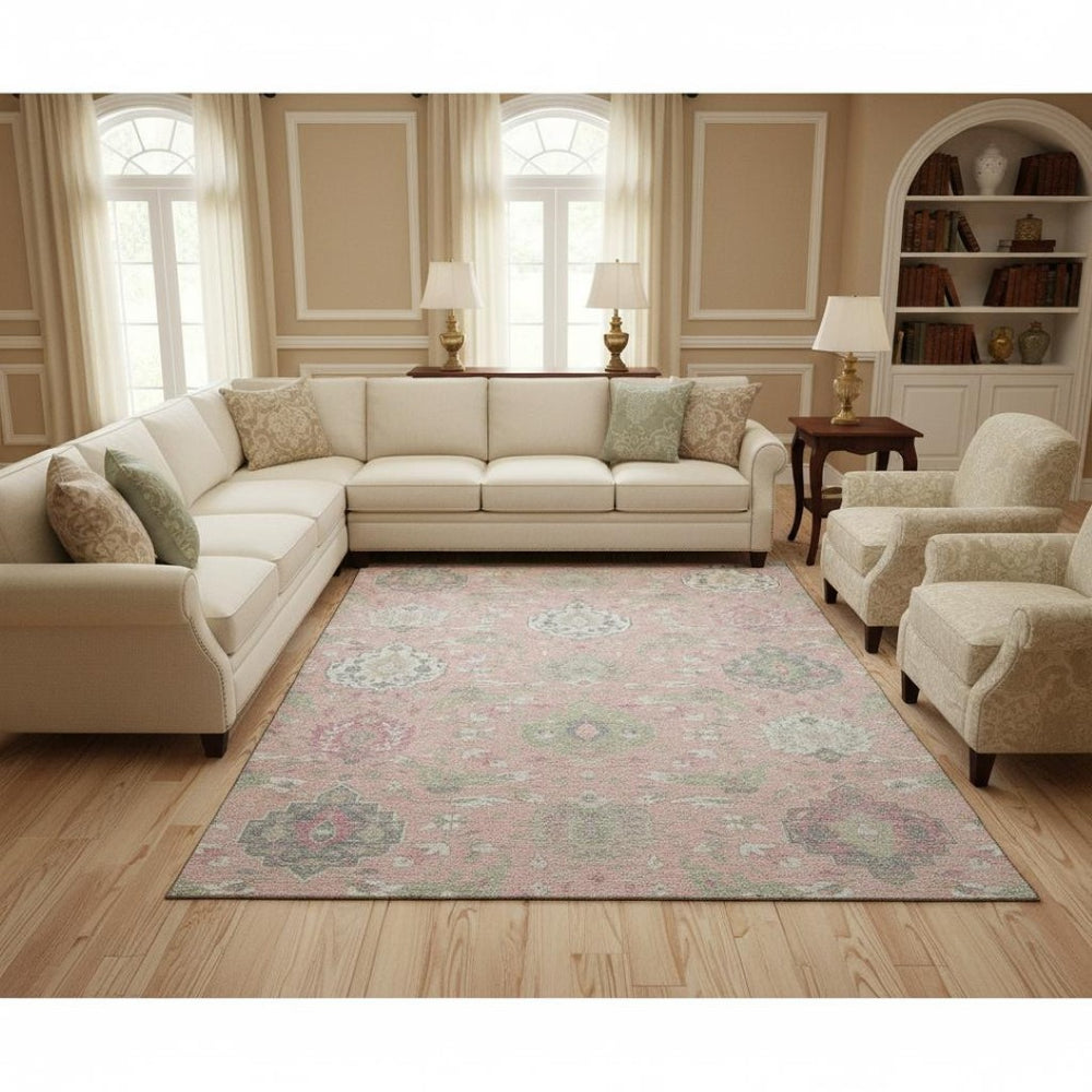 HomeRoots 9' X 12' Elegant Pink Gray Ivory Damask Washable Area Rug with UV Protection for Busy Homes 680570