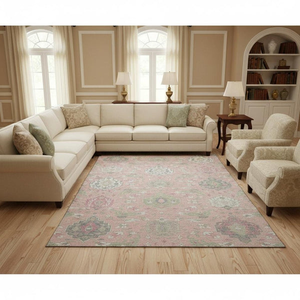 HomeRoots 9' X 12' Elegant Pink Gray Ivory Damask Washable Area Rug with UV Protection for Busy Homes 680570