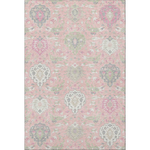 HomeRoots 9' X 12' Elegant Pink Gray Ivory Damask Washable Area Rug with UV Protection for Busy Homes 680570