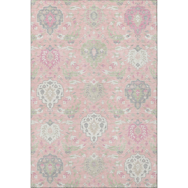 HomeRoots 9' X 12' Elegant Pink Gray Ivory Damask Washable Area Rug with UV Protection for Busy Homes 680570