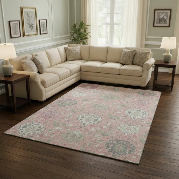 HomeRoots 10' X 14' Washable Damask Area Rug in Pink, Gray & Ivory - UV Protected for Busy Homes & Pets 680571