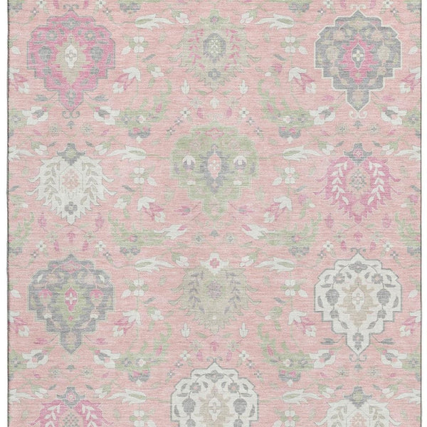 HomeRoots 10' X 14' Washable Damask Area Rug in Pink, Gray & Ivory - UV Protected for Busy Homes & Pets 680571