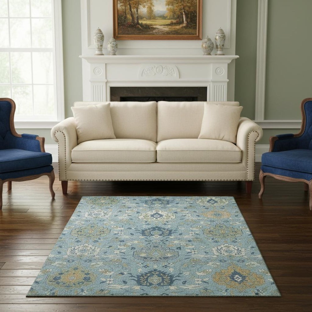 HomeRoots 5' X 8' Sky Blue Gold Gray Damask Area Rug - Washable, UV-Protected, Stylish & Durable for Any Room 680573