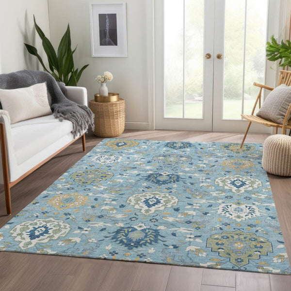 HomeRoots 5' X 8' Sky Blue Gold Gray Damask Area Rug - Washable, UV-Protected, Stylish & Durable for Any Room 680573