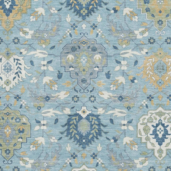 HomeRoots 5' X 8' Sky Blue Gold Gray Damask Area Rug - Washable, UV-Protected, Stylish & Durable for Any Room 680573