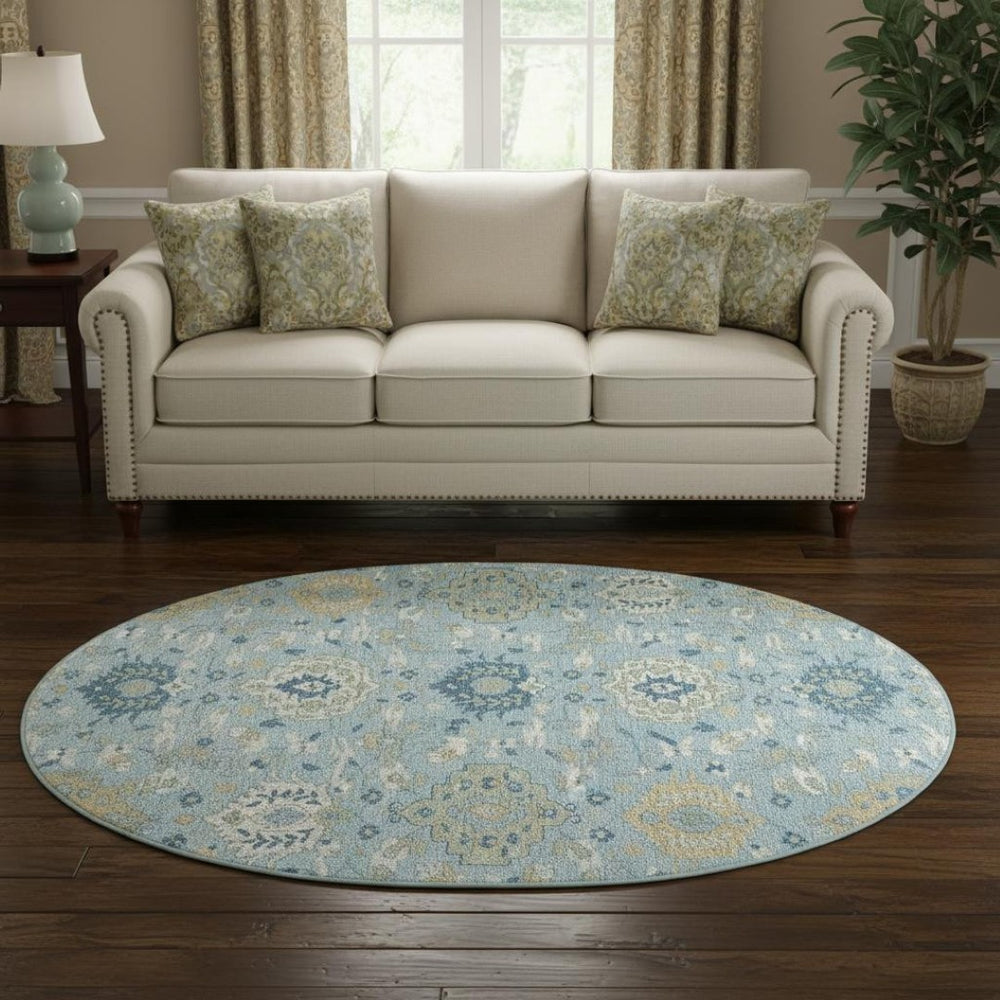 HomeRoots 8' Sky Blue Gold & Gray Damask Round Rug - Washable, UV Protected, Stain-Resistant for Family Homes 680574