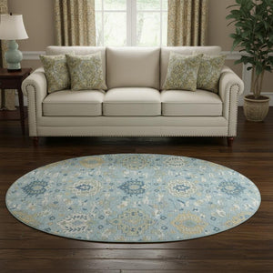 HomeRoots 8' Sky Blue Gold & Gray Damask Round Rug - Washable, UV Protected, Stain-Resistant for Family Homes 680574