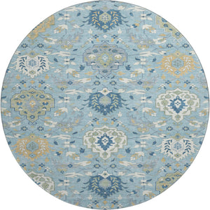HomeRoots 8' Sky Blue Gold & Gray Damask Round Rug - Washable, UV Protected, Stain-Resistant for Family Homes 680574