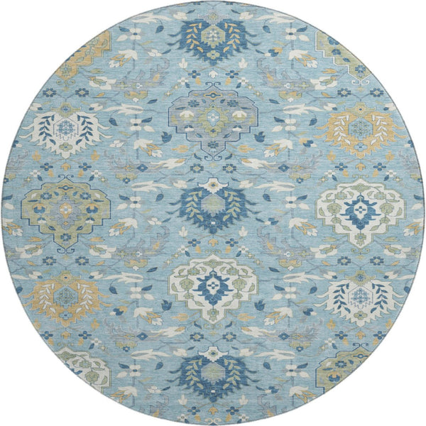 HomeRoots 8' Sky Blue Gold & Gray Damask Round Rug - Washable, UV Protected, Stain-Resistant for Family Homes 680574