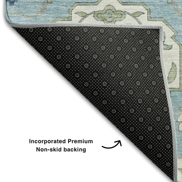 HomeRoots 8' Sky Blue Gold & Gray Damask Round Rug - Washable, UV Protected, Stain-Resistant for Family Homes 680574