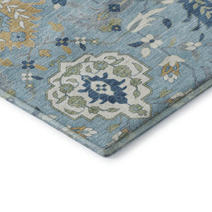 HomeRoots 8' Sky Blue Gold & Gray Damask Round Rug - Washable, UV Protected, Stain-Resistant for Family Homes 680574