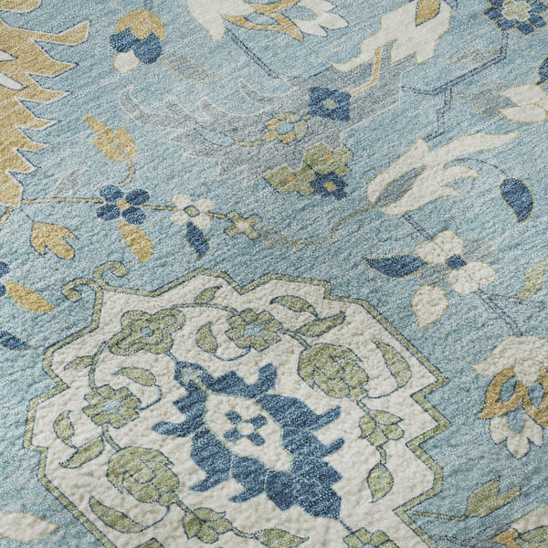 HomeRoots 8' Sky Blue Gold & Gray Damask Round Rug - Washable, UV Protected, Stain-Resistant for Family Homes 680574