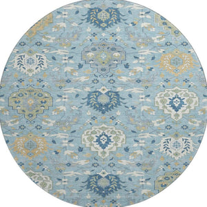 HomeRoots 8' Sky Blue Gold & Gray Damask Round Rug - Washable, UV Protected, Stain-Resistant for Family Homes 680574